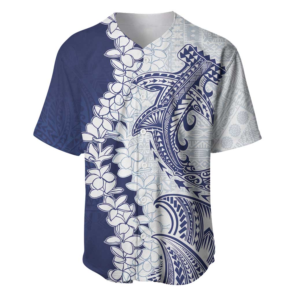 Polynesian Navy Blue Plumeria Lei Baseball Jersey with Hammerhead Shark