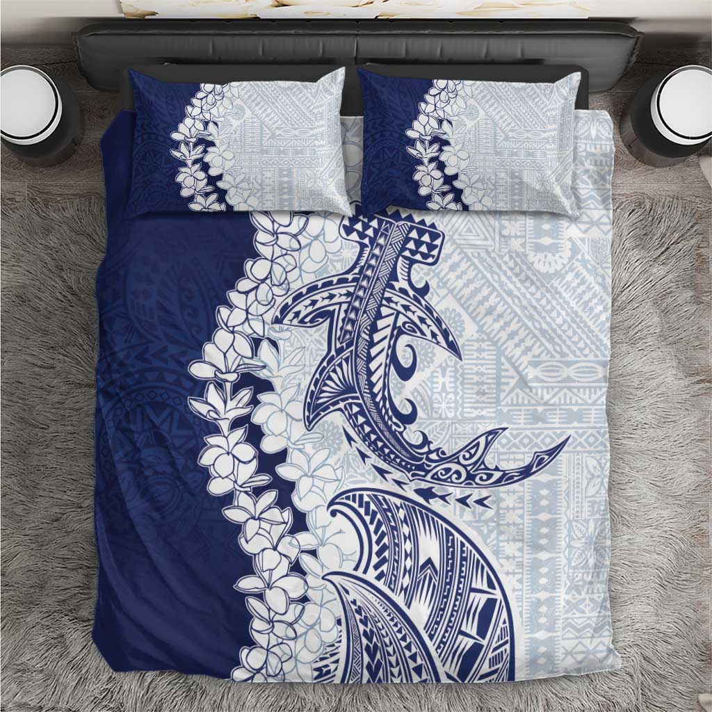 Polynesian Navy Blue Plumeria Lei Bedding Set with Hammerhead Shark