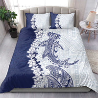 Polynesian Navy Blue Plumeria Lei Bedding Set with Hammerhead Shark