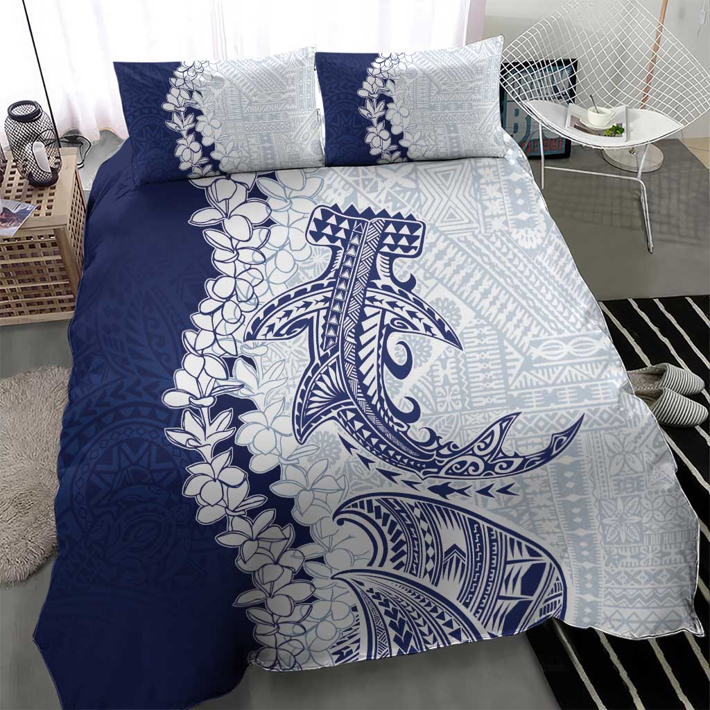 Polynesian Navy Blue Plumeria Lei Bedding Set with Hammerhead Shark