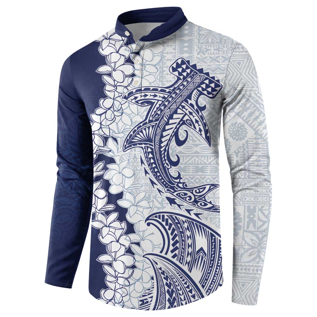 Polynesian Navy Blue Plumeria Lei Button Sweatshirt with Hammerhead Shark LT7 - Polynesian Pride