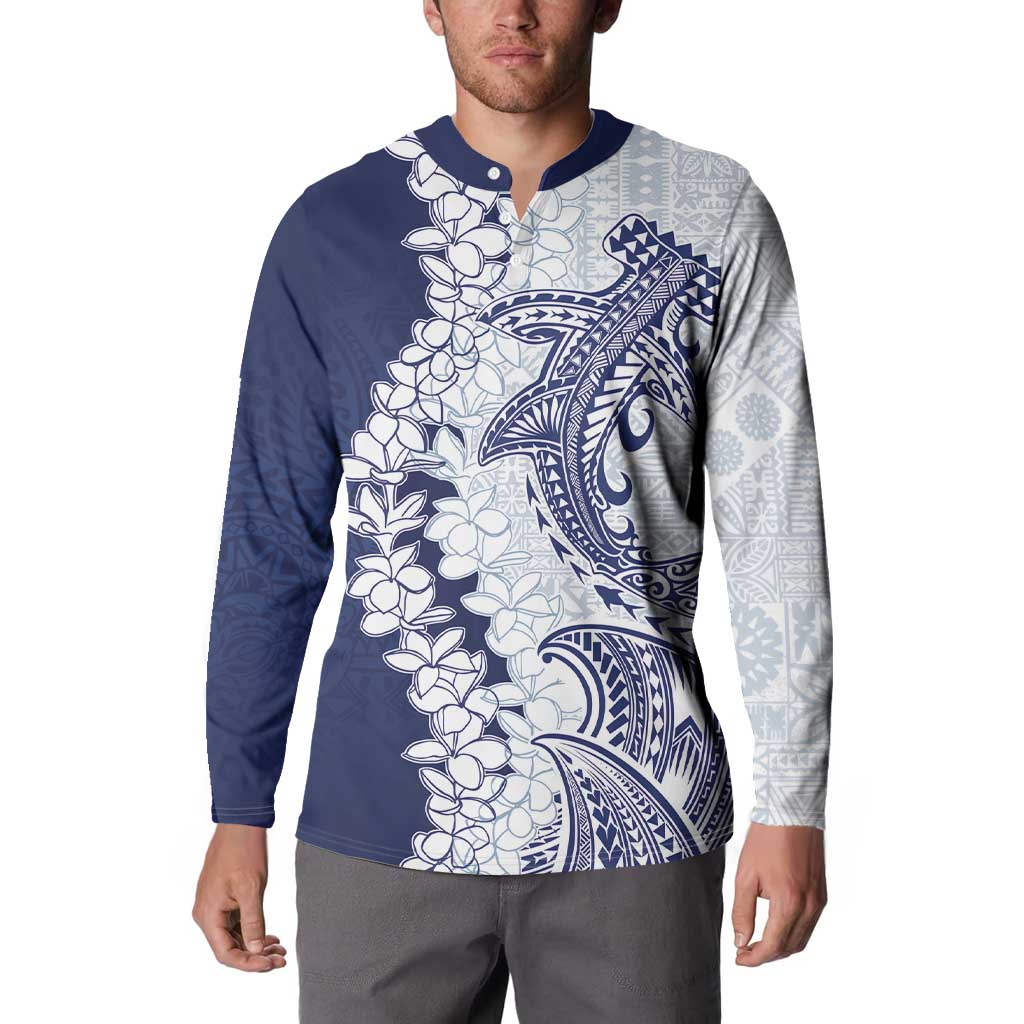 Polynesian Navy Blue Plumeria Lei Button Sweatshirt with Hammerhead Shark LT7 - Polynesian Pride