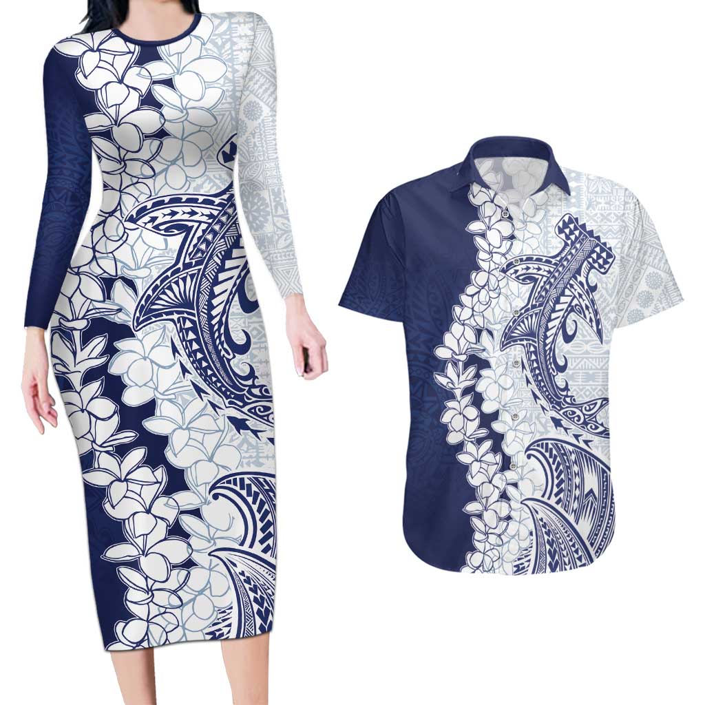 Polynesian Navy Blue Plumeria Lei Couples Matching Long Sleeve Bodycon Dress and Hawaiian Shirt with Hammerhead Shark LT7 Navy Blue - Polynesian Pride