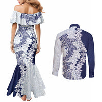 Polynesian Navy Blue Plumeria Lei Couples Matching Mermaid Dress and Long Sleeve Button Shirt with Hammerhead Shark