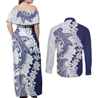 Polynesian Navy Blue Plumeria Lei Couples Matching Off Shoulder Maxi Dress and Long Sleeve Button Shirt with Hammerhead Shark