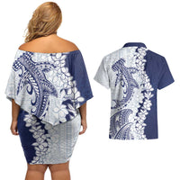 Polynesian Navy Blue Plumeria Lei Couples Matching Off Shoulder Short Dress and Hawaiian Shirt with Hammerhead Shark