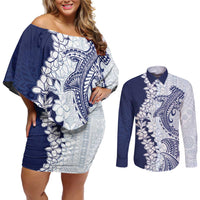 Polynesian Navy Blue Plumeria Lei Couples Matching Off Shoulder Short Dress and Long Sleeve Button Shirt with Hammerhead Shark