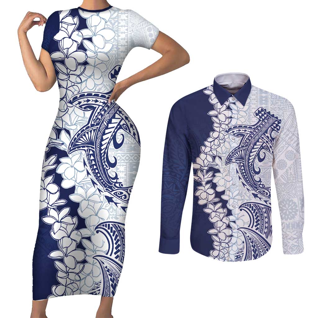 Polynesian Navy Blue Plumeria Lei Couples Matching Short Sleeve Bodycon Dress and Long Sleeve Button Shirt with Hammerhead Shark