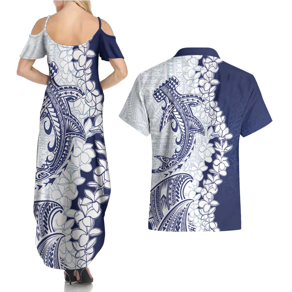 Polynesian Navy Blue Plumeria Lei Couples Matching Summer Maxi Dress and Hawaiian Shirt with Hammerhead Shark
