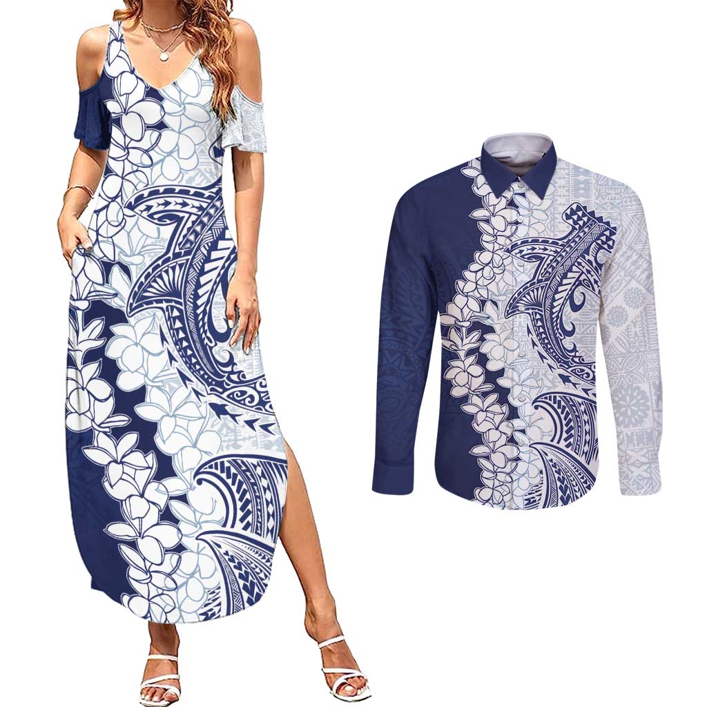 Polynesian Navy Blue Plumeria Lei Couples Matching Summer Maxi Dress and Long Sleeve Button Shirt with Hammerhead Shark