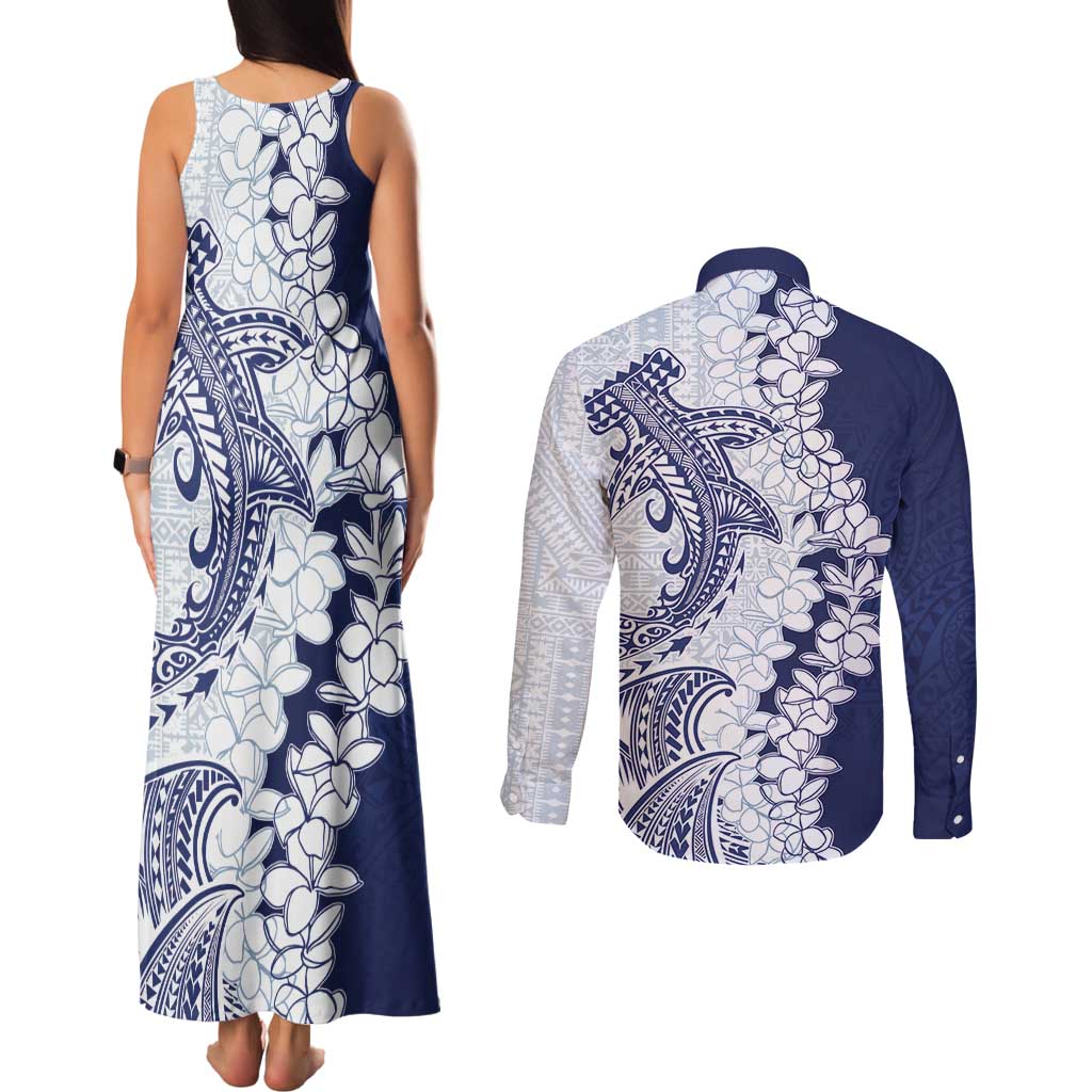 Polynesian Navy Blue Plumeria Lei Couples Matching Tank Maxi Dress and Long Sleeve Button Shirt with Hammerhead Shark