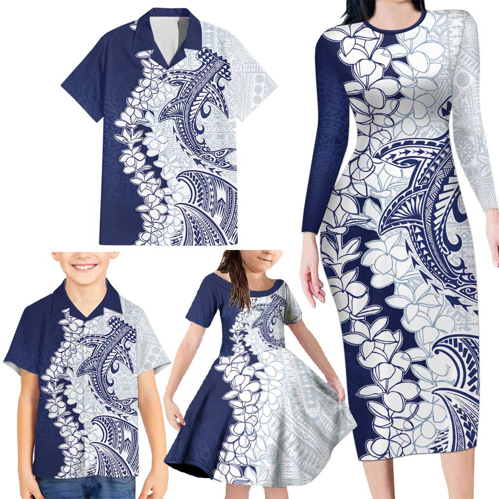 Polynesian Navy Blue Plumeria Lei Family Matching Long Sleeve Bodycon Dress and Hawaiian Shirt with Hammerhead Shark LT7 - Polynesian Pride