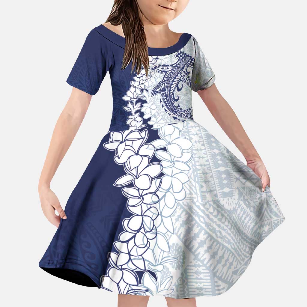 Polynesian Navy Blue Plumeria Lei Family Matching Mermaid Dress and Hawaiian Shirt with Hammerhead Shark