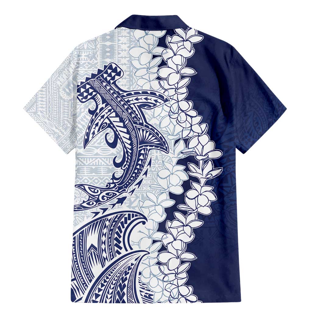 Polynesian Navy Blue Plumeria Lei Family Matching Mermaid Dress and Hawaiian Shirt with Hammerhead Shark