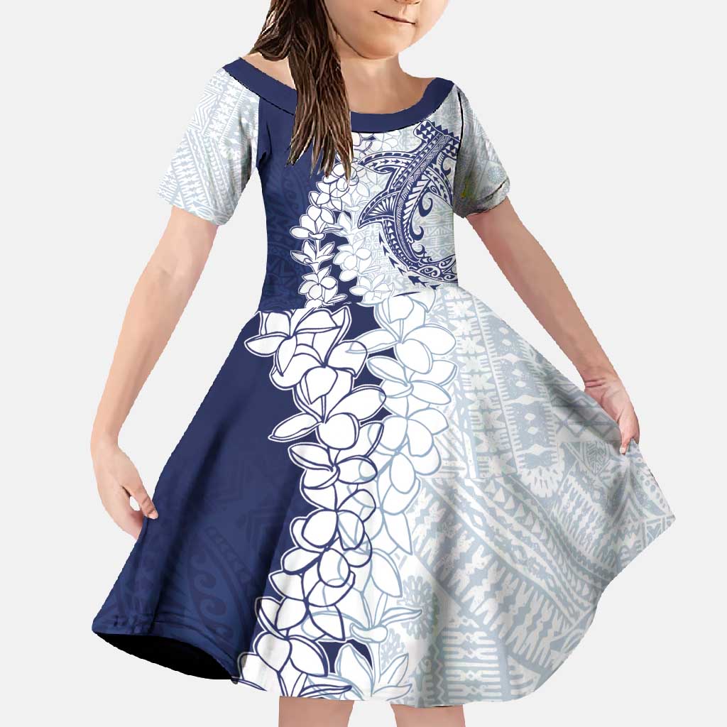Polynesian Navy Blue Plumeria Lei Family Matching Off Shoulder Maxi Dress and Hawaiian Shirt with Hammerhead Shark