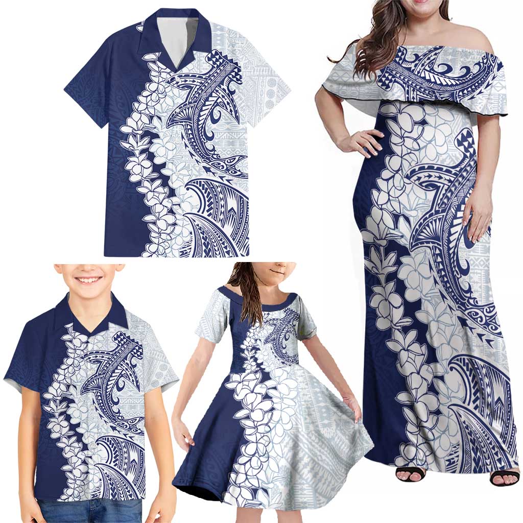 Polynesian Navy Blue Plumeria Lei Family Matching Off Shoulder Maxi Dress and Hawaiian Shirt with Hammerhead Shark LT7 - Polynesian Pride