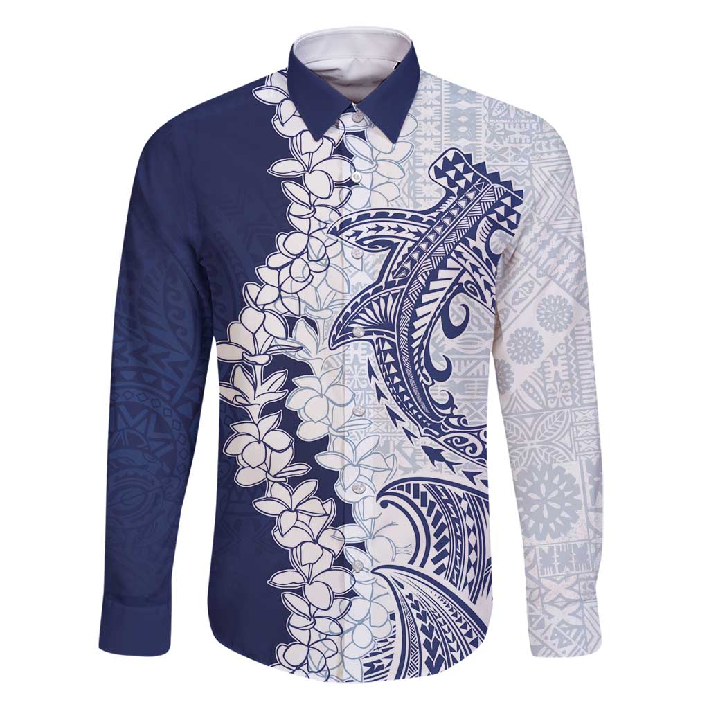 Polynesian Navy Blue Plumeria Lei Family Matching Off Shoulder Short Dress and Hawaiian Shirt with Hammerhead Shark