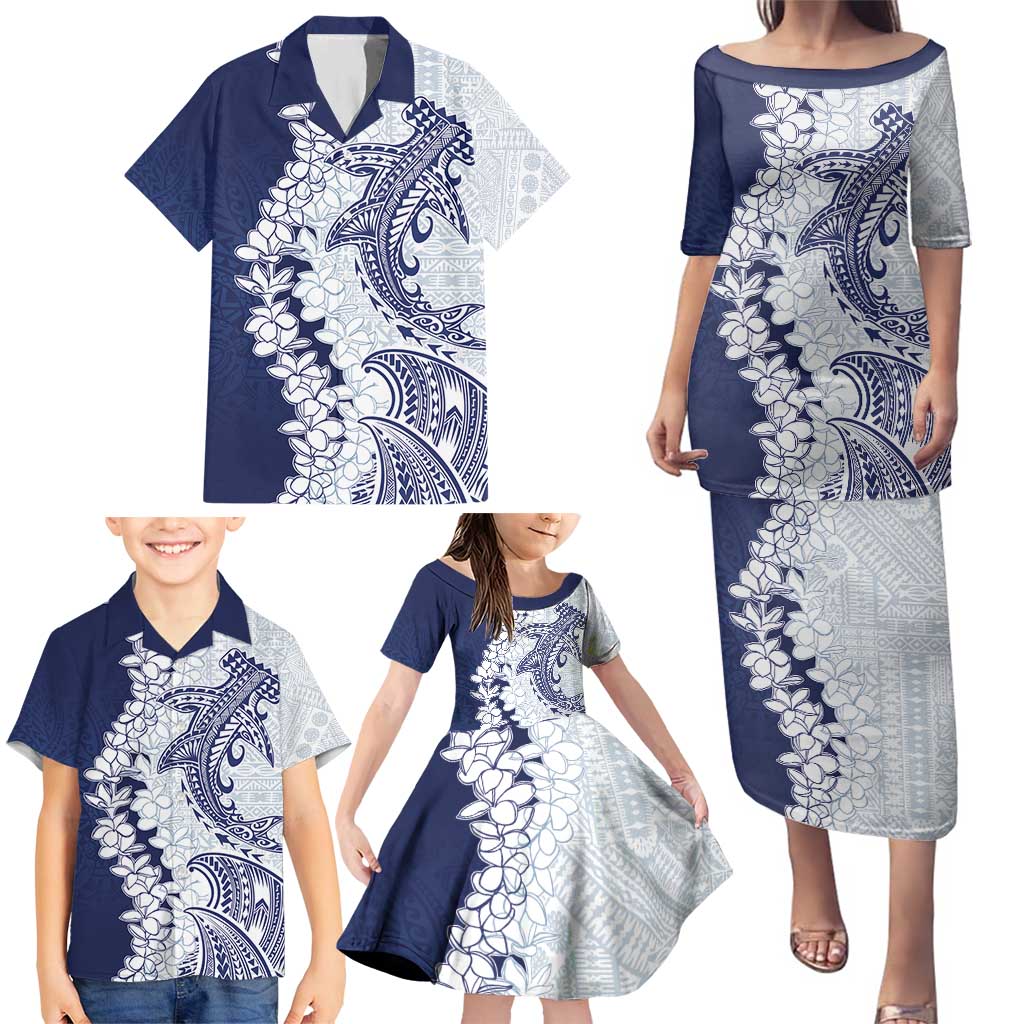 Polynesian Navy Blue Plumeria Lei Family Matching Puletasi and Hawaiian Shirt with Hammerhead Shark LT7 - Polynesian Pride