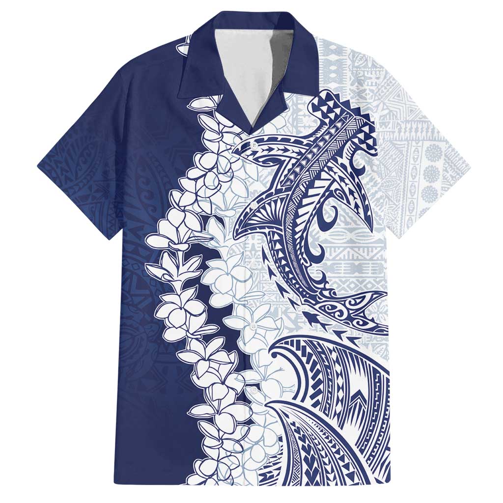 Polynesian Navy Blue Plumeria Lei Family Matching Puletasi and Hawaiian Shirt with Hammerhead Shark LT7 Dad's Shirt - Short Sleeve Navy Blue - Polynesian Pride