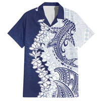 Polynesian Navy Blue Plumeria Lei Family Matching Puletasi and Hawaiian Shirt with Hammerhead Shark LT7 Dad's Shirt - Short Sleeve Navy Blue - Polynesian Pride
