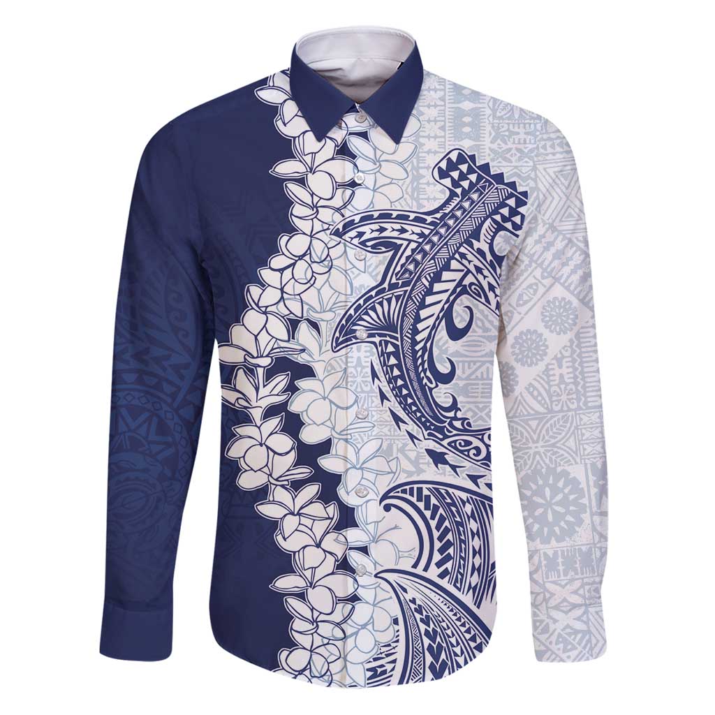 Polynesian Navy Blue Plumeria Lei Family Matching Puletasi and Hawaiian Shirt with Hammerhead Shark LT7 Dad's Shirt - Long Sleeve Navy Blue - Polynesian Pride