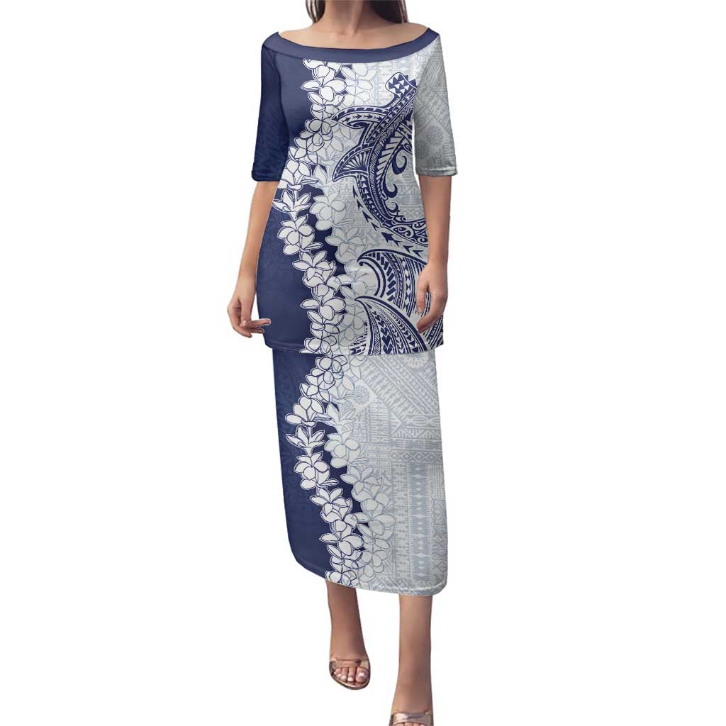 Polynesian Navy Blue Plumeria Lei Family Matching Puletasi and Hawaiian Shirt with Hammerhead Shark LT7 Mom's Dress Navy Blue - Polynesian Pride