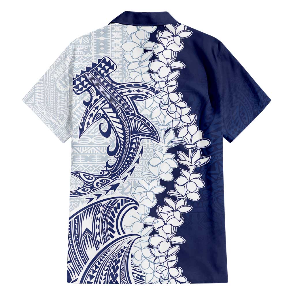 Polynesian Navy Blue Plumeria Lei Family Matching Short Sleeve Bodycon Dress and Hawaiian Shirt with Hammerhead Shark LT7 - Polynesian Pride