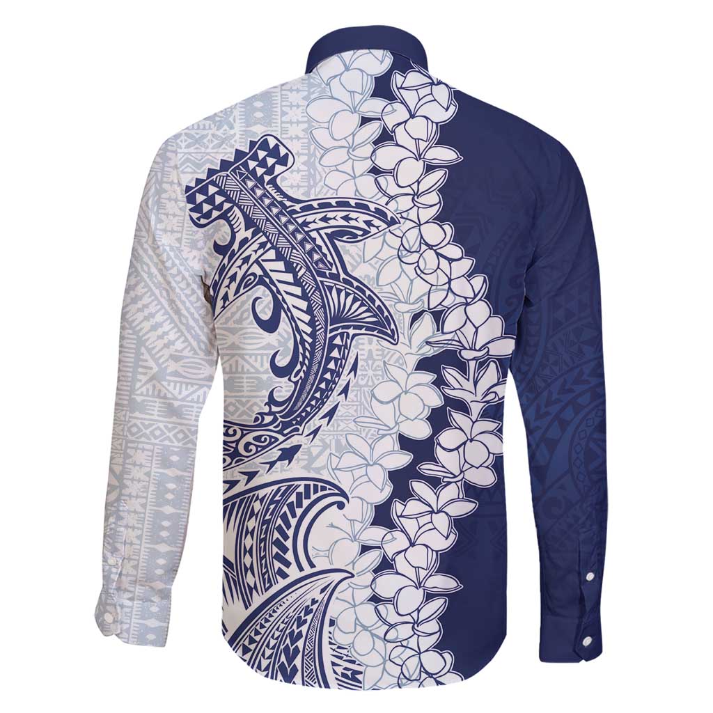 Polynesian Navy Blue Plumeria Lei Family Matching Short Sleeve Bodycon Dress and Hawaiian Shirt with Hammerhead Shark LT7 - Polynesian Pride
