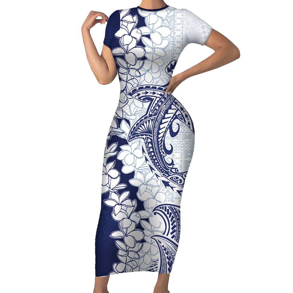 Polynesian Navy Blue Plumeria Lei Family Matching Short Sleeve Bodycon Dress and Hawaiian Shirt with Hammerhead Shark LT7 Mom's Dress Navy Blue - Polynesian Pride