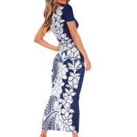 Polynesian Navy Blue Plumeria Lei Family Matching Short Sleeve Bodycon Dress and Hawaiian Shirt with Hammerhead Shark LT7 - Polynesian Pride