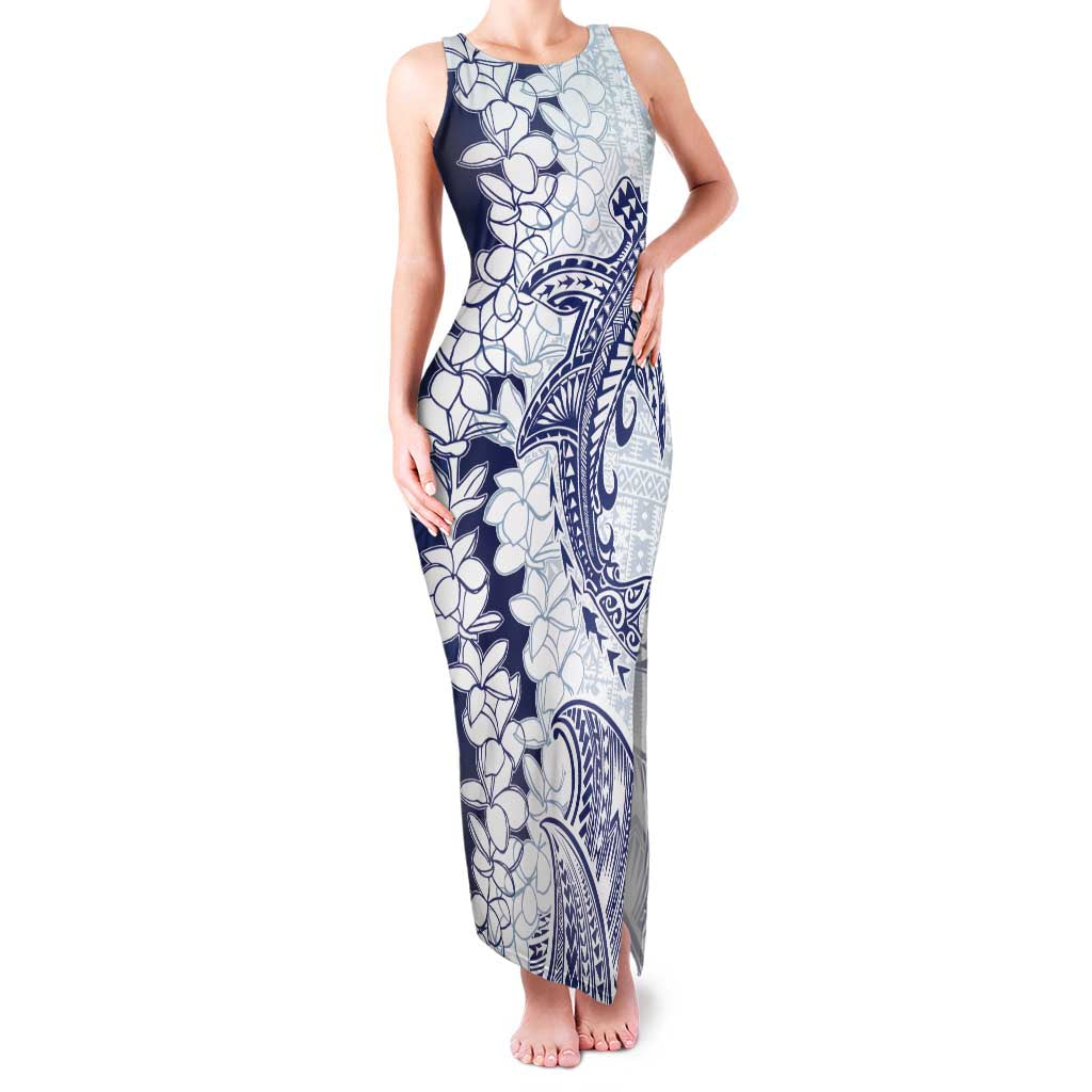 Polynesian Navy Blue Plumeria Lei Family Matching Tank Maxi Dress and Hawaiian Shirt with Hammerhead Shark