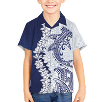 Polynesian Navy Blue Plumeria Lei Family Matching Tank Maxi Dress and Hawaiian Shirt with Hammerhead Shark