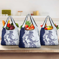 Polynesian Navy Blue Plumeria Lei Grocery Bag with Hammerhead Shark