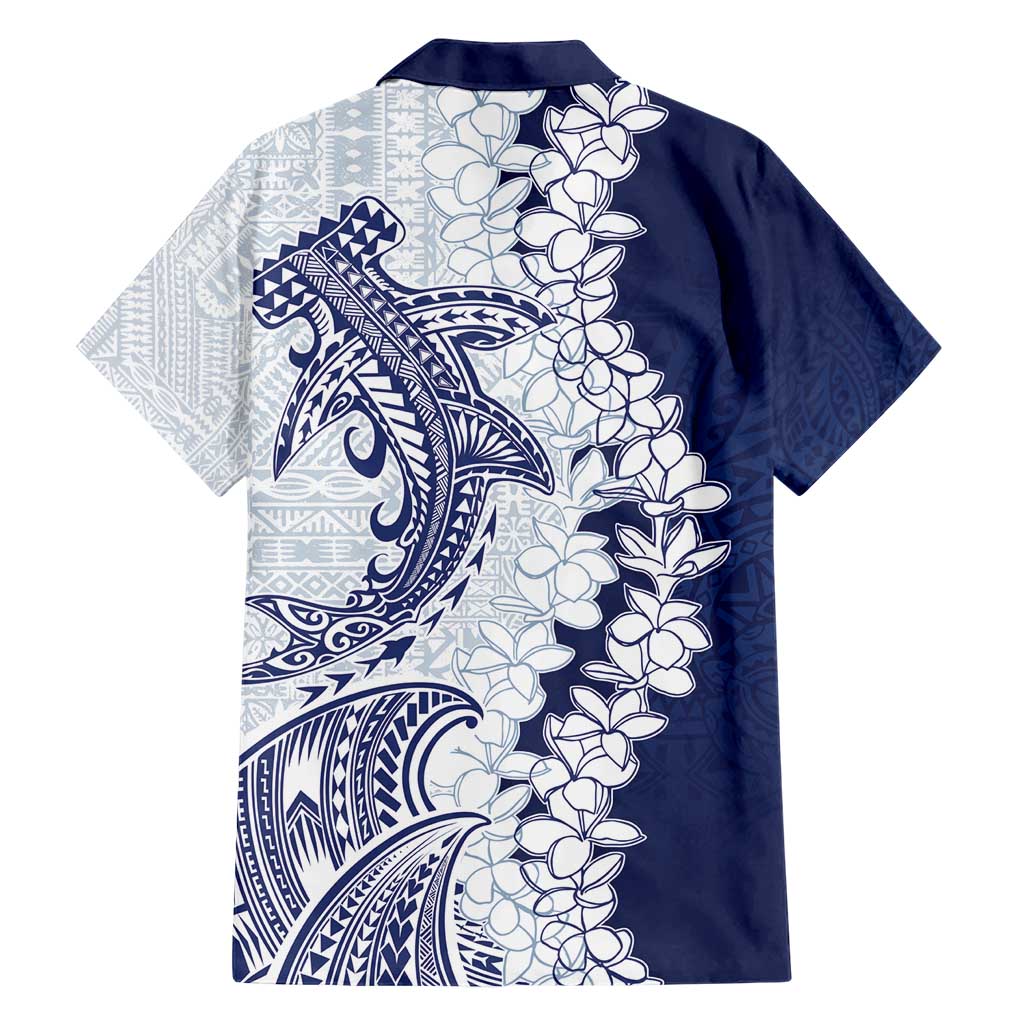 Polynesian Navy Blue Plumeria Lei Hawaiian Shirt with Hammerhead Shark