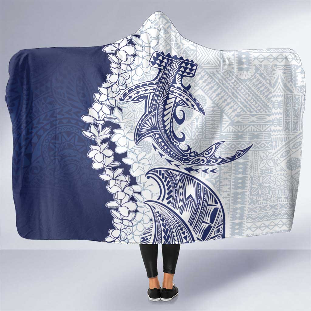 Polynesian Navy Blue Plumeria Lei Hooded Blanket with Hammerhead Shark