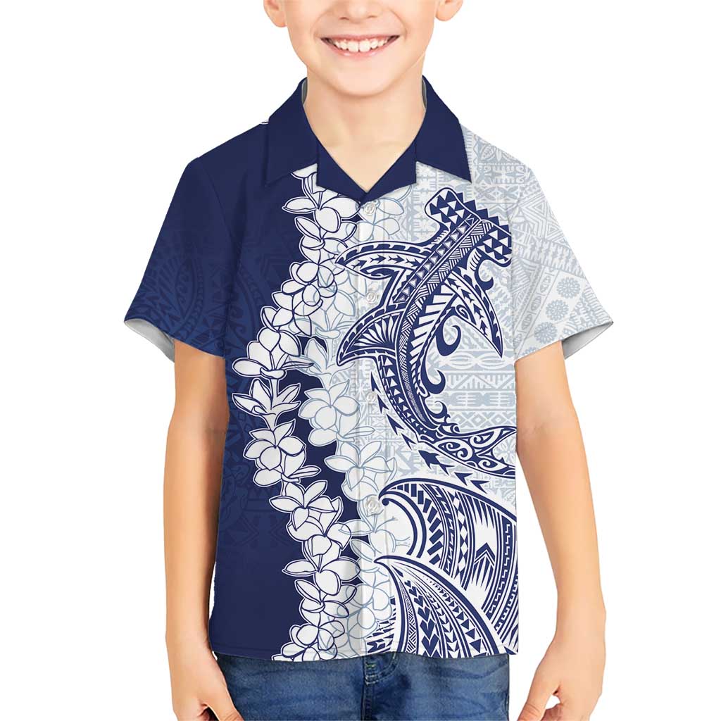 Polynesian Navy Blue Plumeria Lei Kid Hawaiian Shirt with Hammerhead Shark LT7 Kid Navy Blue - Polynesian Pride