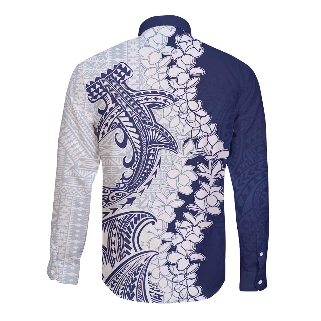 Polynesian Navy Blue Plumeria Lei Long Sleeve Button Shirt with Hammerhead Shark LT7 - Polynesian Pride