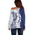 Polynesian Navy Blue Plumeria Lei Off Shoulder Sweater with Hammerhead Shark