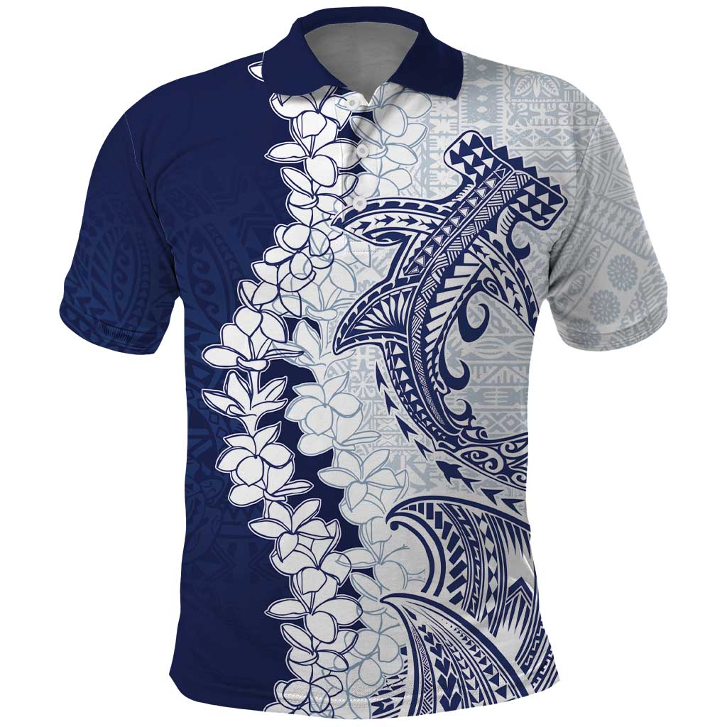 Polynesian Navy Blue Plumeria Lei Polo Shirt with Hammerhead Shark