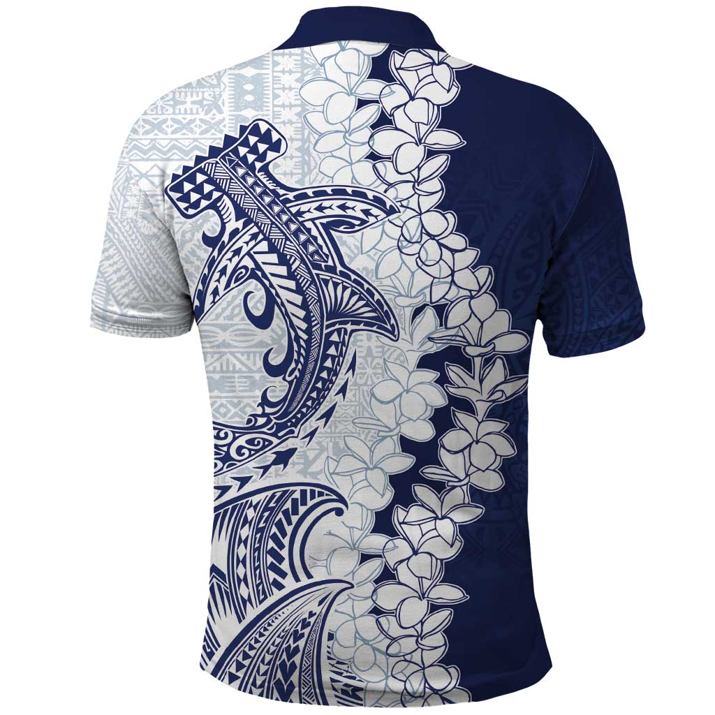 Polynesian Navy Blue Plumeria Lei Polo Shirt with Hammerhead Shark