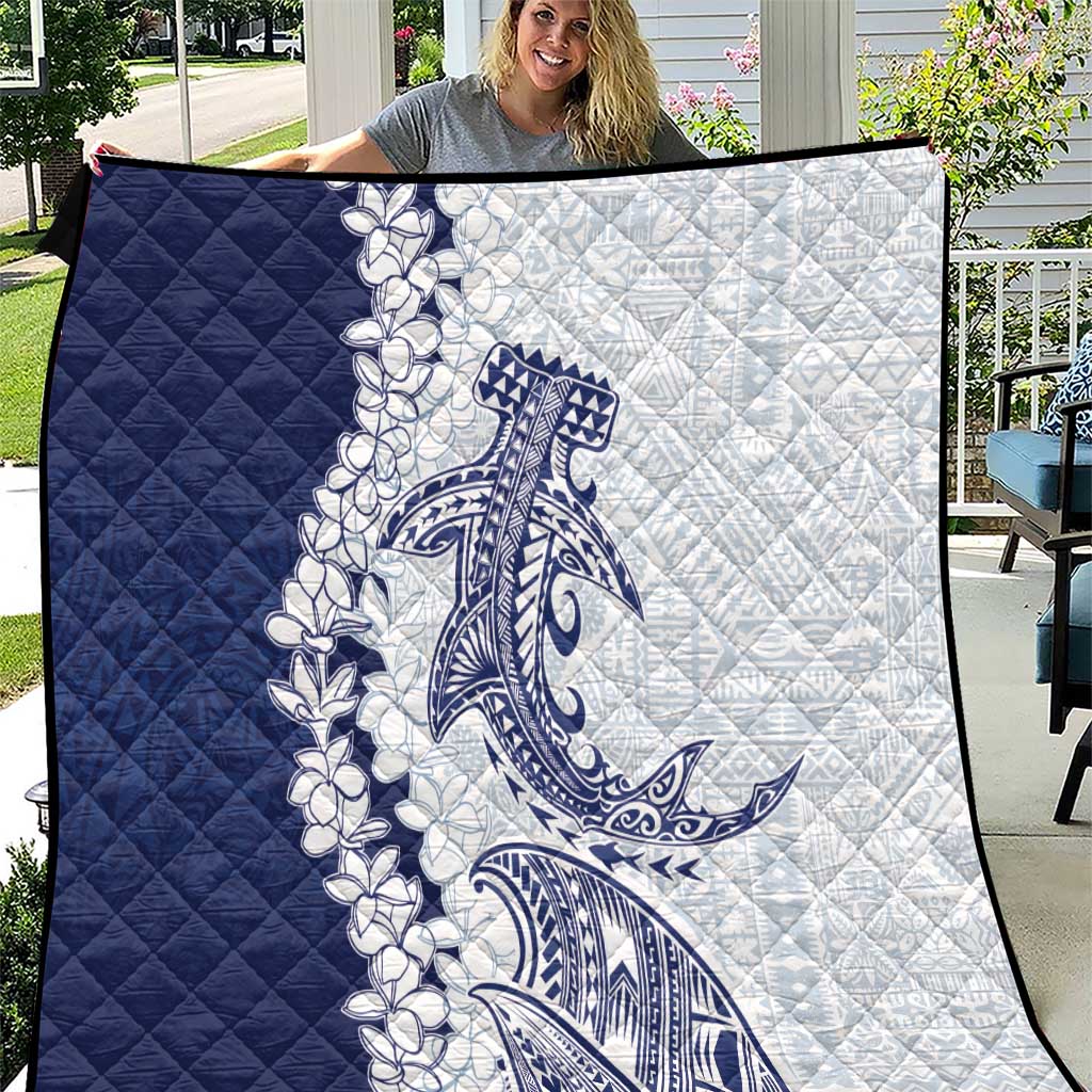 Polynesian Navy Blue Plumeria Lei Quilt with Hammerhead Shark LT7 Navy Blue - Polynesian Pride