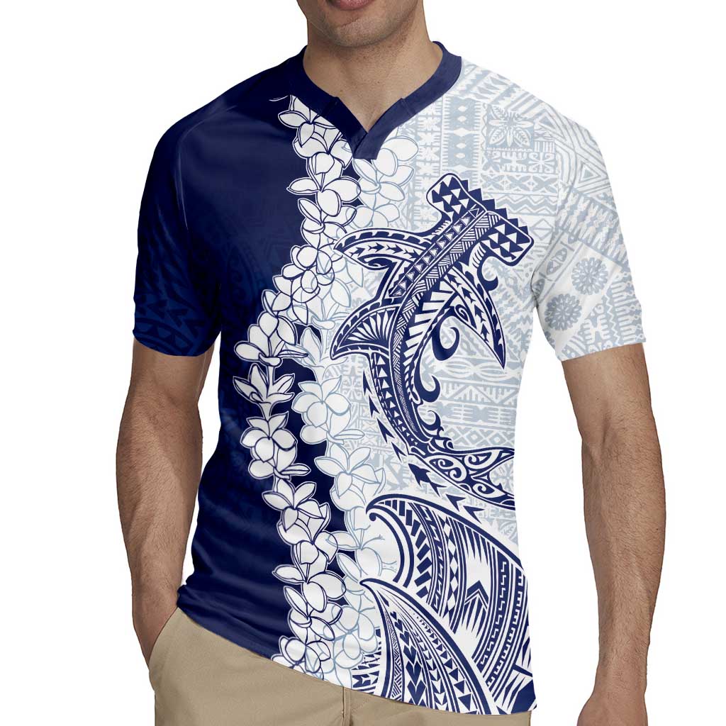 Polynesian Navy Blue Plumeria Lei Rugby Jersey with Hammerhead Shark