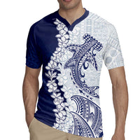 Polynesian Navy Blue Plumeria Lei Rugby Jersey with Hammerhead Shark