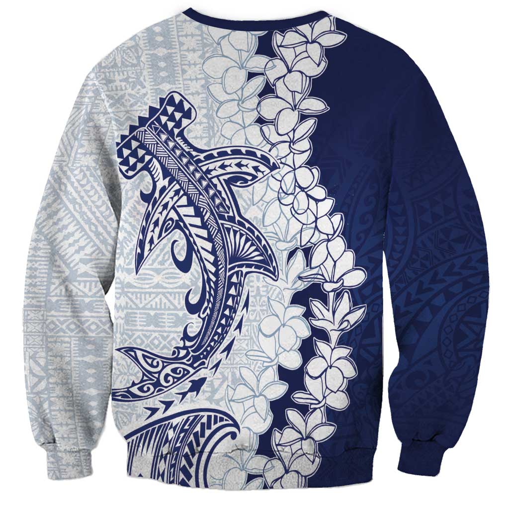 Polynesian Navy Blue Plumeria Lei Sweatshirt with Hammerhead Shark