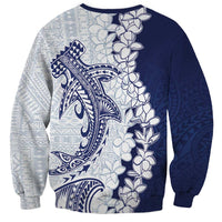Polynesian Navy Blue Plumeria Lei Sweatshirt with Hammerhead Shark