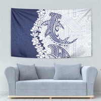 Polynesian Navy Blue Plumeria Lei Tapestry with Hammerhead Shark