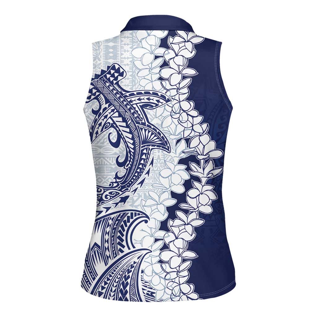 Polynesian Navy Blue Plumeria Lei Women Sleeveless Polo Shirt with Hammerhead Shark LT7 - Polynesian Pride