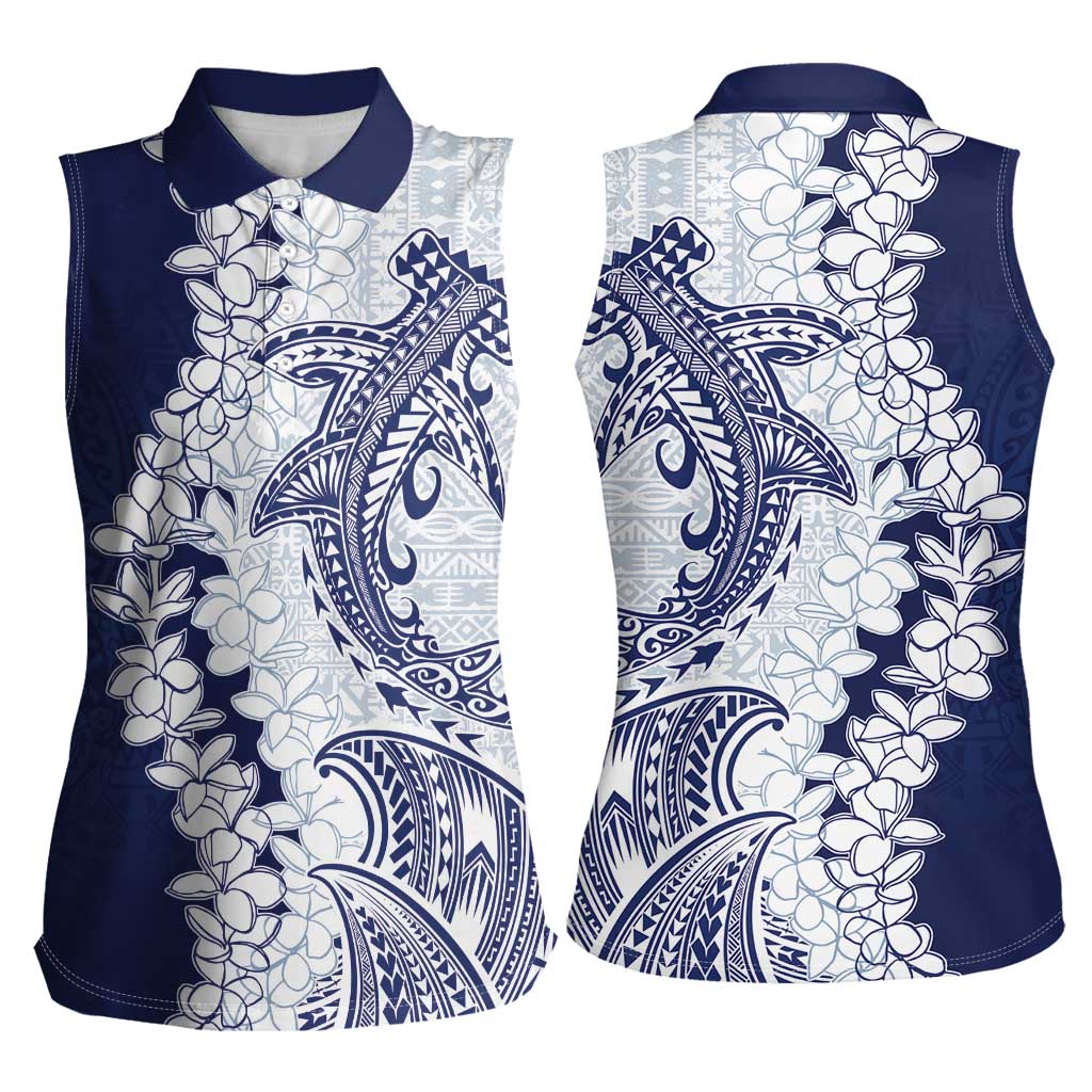 Polynesian Navy Blue Plumeria Lei Women Sleeveless Polo Shirt with Hammerhead Shark LT7 - Polynesian Pride