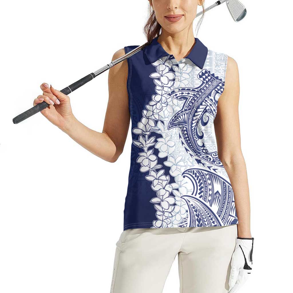 Polynesian Navy Blue Plumeria Lei Women Sleeveless Polo Shirt with Hammerhead Shark LT7 - Polynesian Pride