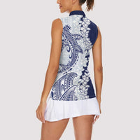Polynesian Navy Blue Plumeria Lei Women Sleeveless Polo Shirt with Hammerhead Shark LT7 - Polynesian Pride